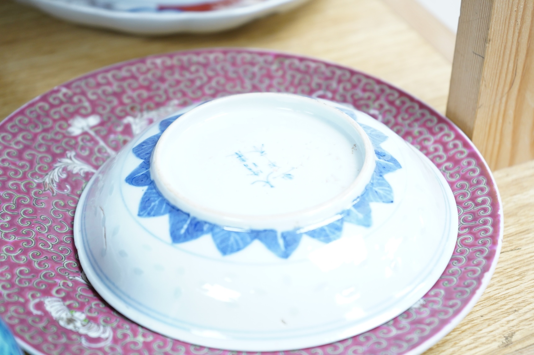 A collection of Asian ceramics to include an inside painted glass snuff bottle, pink ground dish and an Imari dish